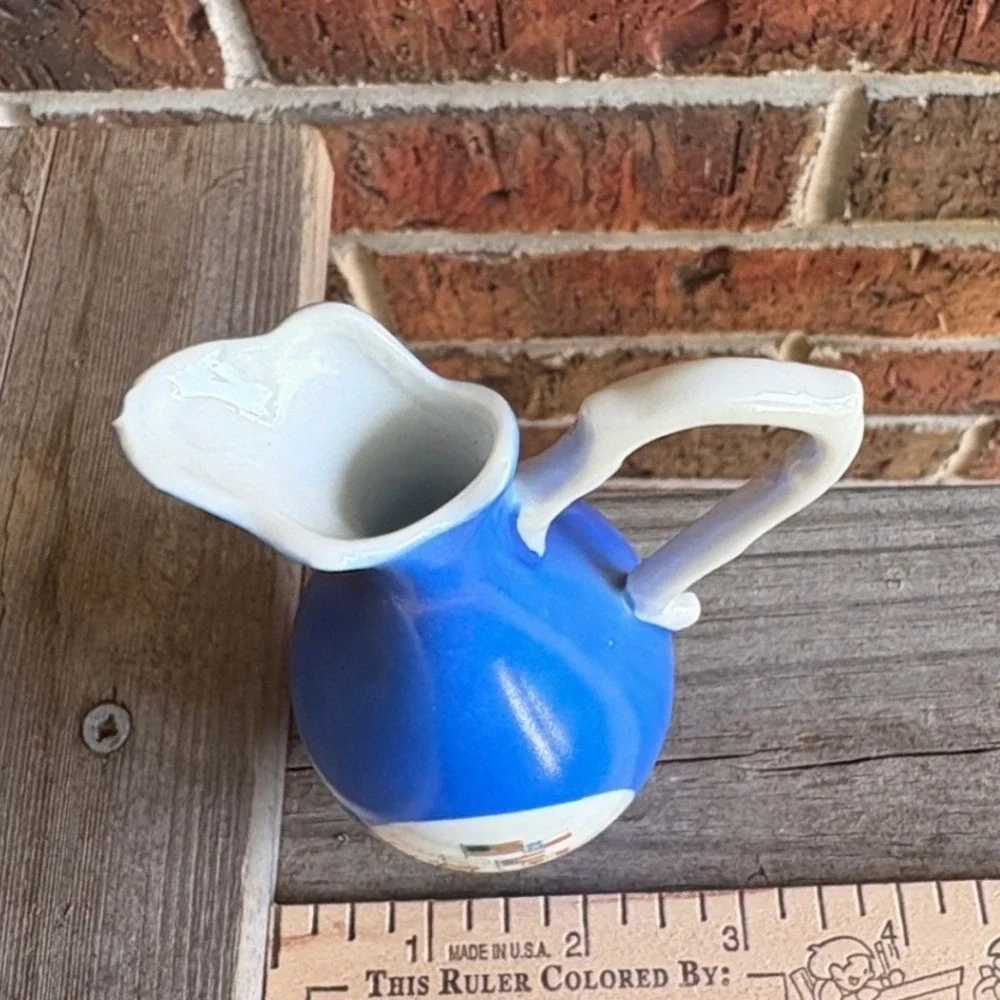 Six Flags Over Texas Pitcher Mini Blue Souvenir Vase Vintage 5.5in Cobalt Retro
